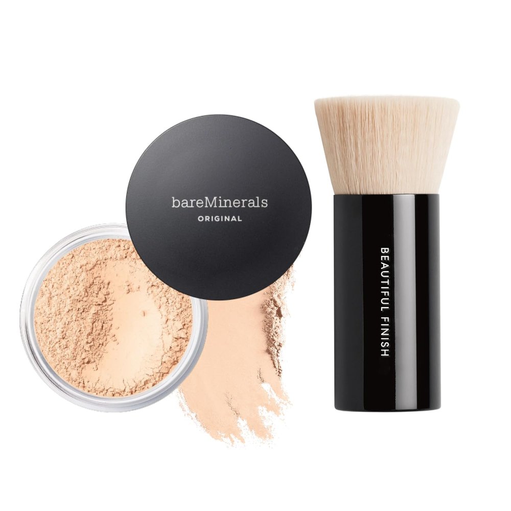 bareMinerals Original Loose Powder Foundation SPF 15, Clean Mineral Powder Face Makeup, Sheer-to-Full Coverage, Talc-Free, Non-Comedogenic, Vegan + Beautiful Finish Foundation Brush Bundle