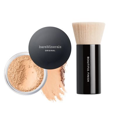 bareMinerals Original Loose Powder Foundation SPF 15, Clean Mineral Powder Face Makeup, Sheer-to-Full Coverage, Talc-Free, Non-Comedogenic, Vegan + Beautiful Finish Foundation Brush Bundle