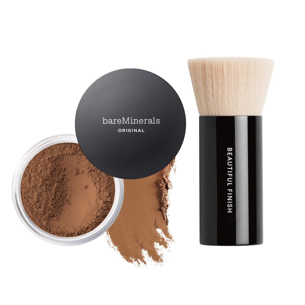 bareMinerals Original Loose Powder Foundation SPF 15, Clean Mineral Powder Face Makeup, Sheer-to-Full Coverage, Talc-Free, Non-Comedogenic, Vegan + Beautiful Finish Foundation Brush Bundle