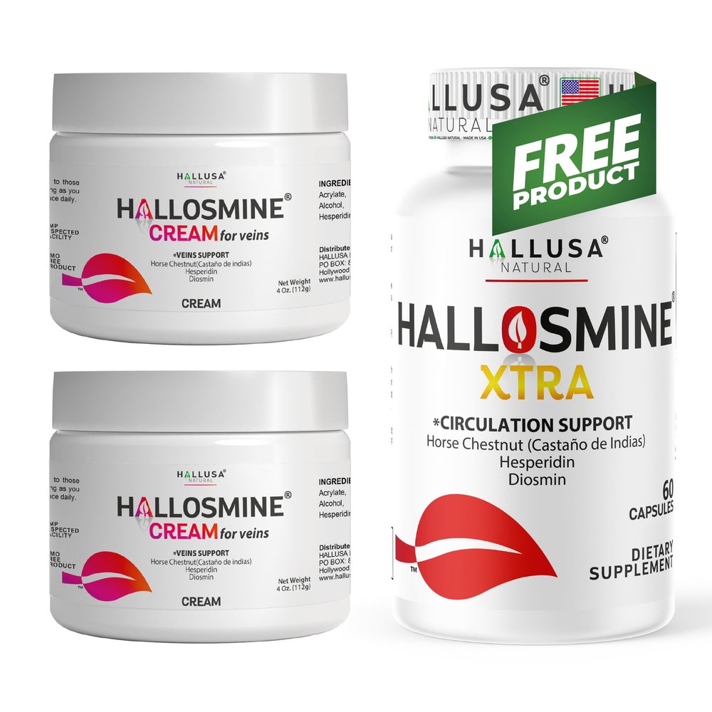 Hallusa Natural 2-Pack Hallosmine Diosmin Cream 4 oz + Free Hallosmine Extra 850 mg 60 Ct | Triple Action Cream Formula: Diosmin, Hesperidin & Horse Chestnut | Vein support supplements for legs