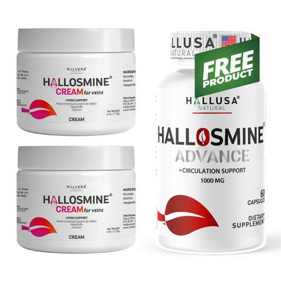 2-Pack Hallosmine 4 oz Cream + Free Hallosmine Advance 1000 mg 60 Capsules | Triple Action Cream Formula Diosmin, Hesperidin & Horse Chestnut | leg circulation support & vein supplement