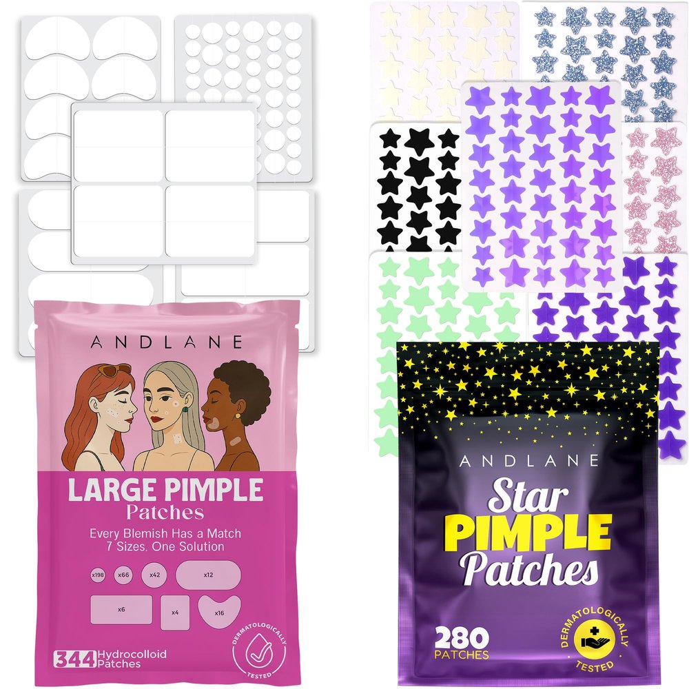 624 Pcs Hydrocolloid Pimple Patch Bundle  280 Star Acne Patches (Glitter, Glow, Translucent, 7 Colors, 3 Sizes) + 344 Large Pimple Patches for Face & Body