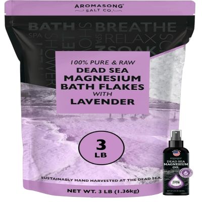 Aromasong Magnesium Bundle  RAW Magnesium Bath Flakes with Natural Lavender (3 LB) + Extra Strength Magnesium Spray Lavender (23mg Per Spritz, 8 Oz) for Relaxation & Muscle Recovery