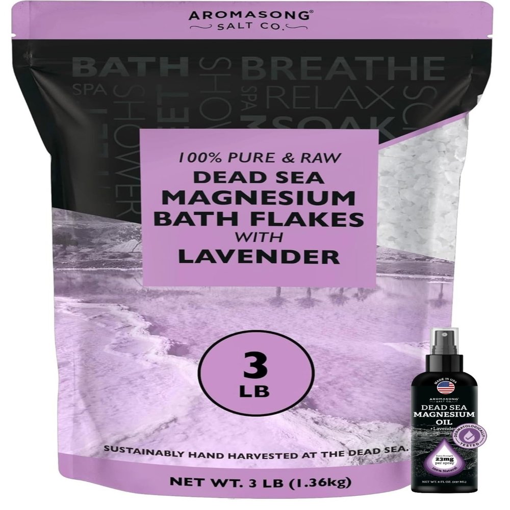 Aromasong Magnesium Bundle  RAW Magnesium Bath Flakes with Natural Lavender (3 LB) + Extra Strength Magnesium Spray Lavender (23mg Per Spritz, 8 Oz) for Relaxation & Muscle Recovery