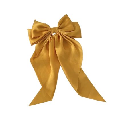 1Pcs Accessories Hair Clips for Women Girl Big Bowknot Solid Satin Long Ribbon Bows Spring Clamp Barette Cheveux Femme(Yellow)