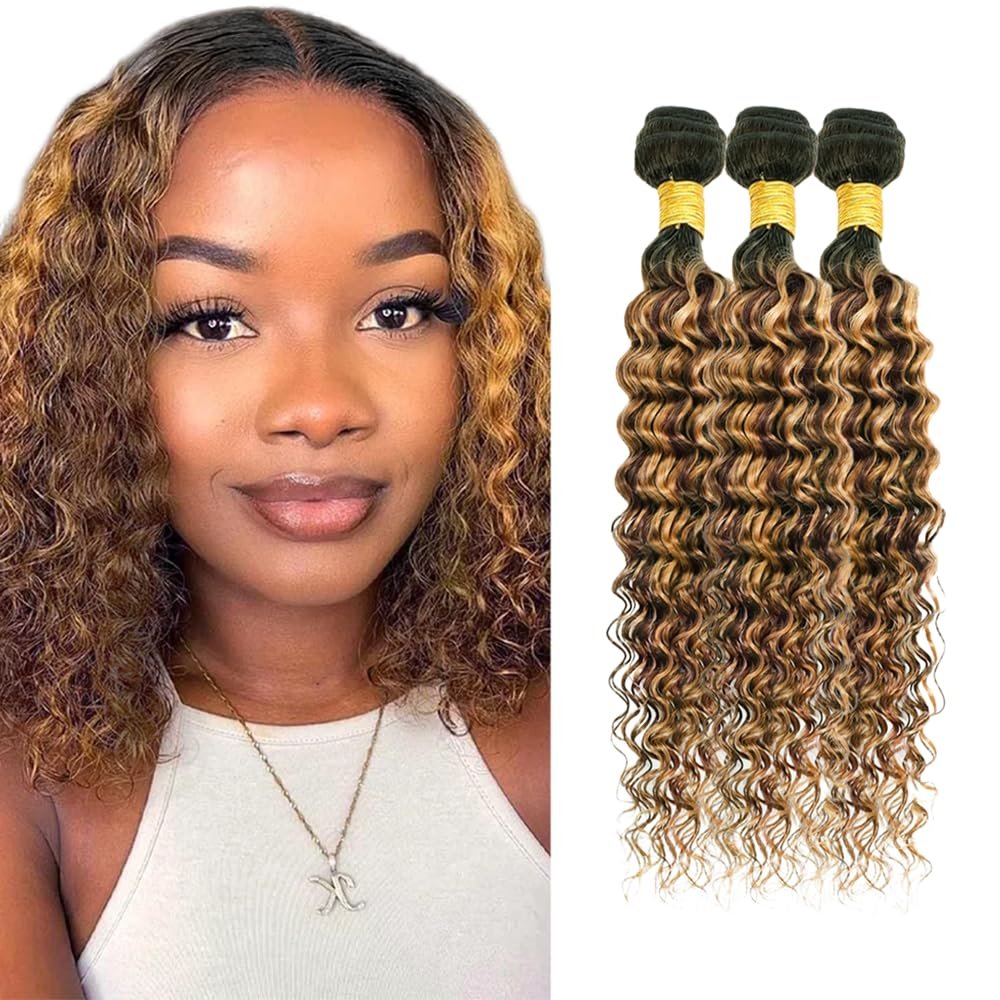 Ombre Brown Bundles Human Hair Highlight Deep Wave Bundles 14 16 18 inch P4/27 Human Hair Bundle 3 Tone Deep Wave Bundle
