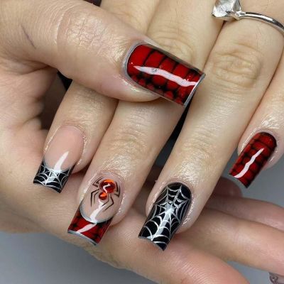 24Pcs Halloween French Tip Press on Nails Medium Square Spiderweb Spider Design Fake Nails Glossy Amber Glue on Nails for Women Black Red Halloween Nail Decoration Supplies