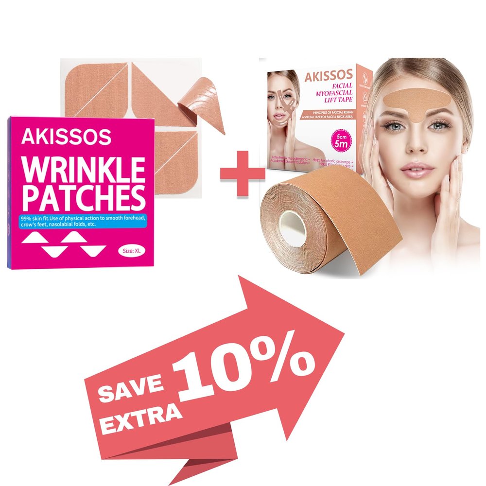 Akissos Facial Myofascial Lift Tape 5cm(1 Roll) and Facial Wrinkle Patches Update Version(80PCS)