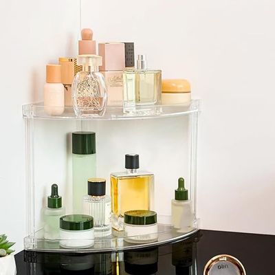 2 Tier Acrylic Bathroom Counter Organizer, Clear Bathroom Countertop Corner Organizer, 2-Tier Corner Storage Shelf Vanity Trays, Home Storage Holder For Makeup Cosmetics Perfume Organizer