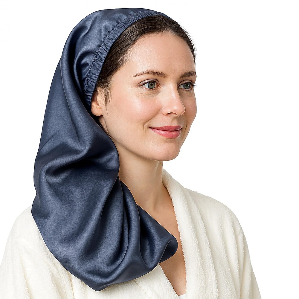 100% Silk Bonnet for Sleeping, moisturizes Beautiful Hair for Sleeping, Soft Elastic Band Silk Sleep Cap,Night Cap (Gray Navy)