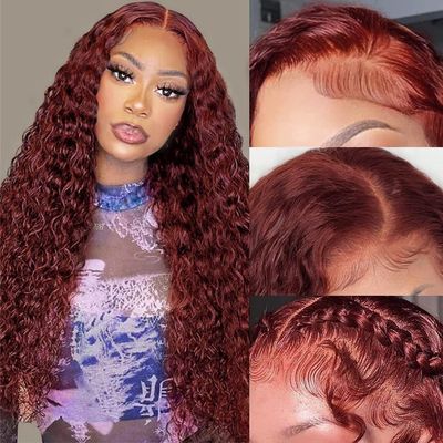 Cfaimity 34 Inch Reddish Brown Lace Front Wigs Human Hair 13x6 Reddish Brown Curly Lace Front Wig 180 Density 33# Deep Wave HD Lace Frontal Wigs Human Hair