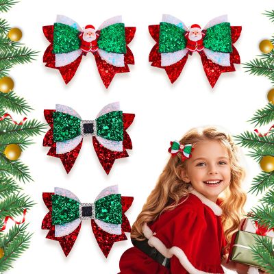 4 Pack 3.5in Christmas Bow Hair Clips - Glitter Santa Diamond Sequin Bows, Red Green White Sparkly Xmas Accessories for Girls - Holiday Party Dress Decor, Christmas Gift Bow Hair Clips