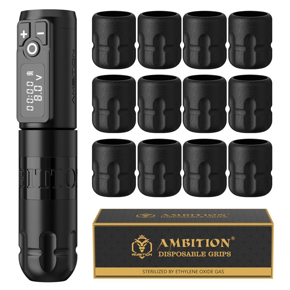 Ambition Soldier Rotary Tattoo Gun Kit Tattoo Cartridge Machine Pen with 12pcs 42mm Disposable Silicone Tattoo Grips