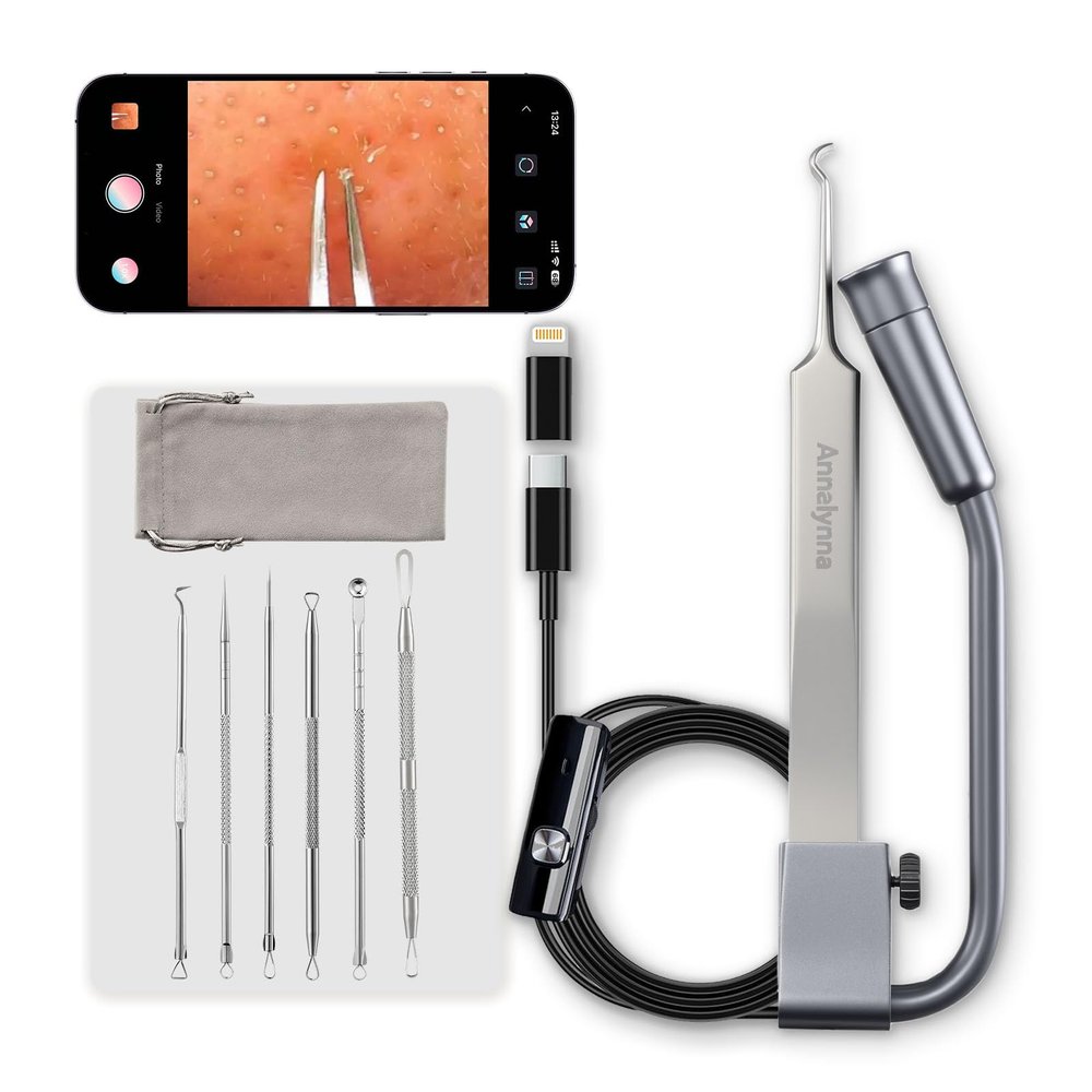 Luma 1 Visual Blackhead Remover Tweezers with Camera - Pimple Popper Tool with Camera 20x Magnification, 1080P, 8 LED Lights, with Blackhead Remover Pimple Popper Tool Kit (6 Piece Kit),Gray Blue