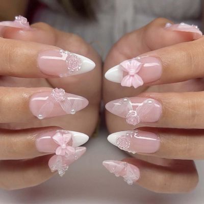 24Pcs French Tip Press on Nails Medium Almond Bow 3d Flower Fake Nails With Pearl Pink Glue on Nails Full Cover Acrylic Nails for Women Nail Decoration Supplies
