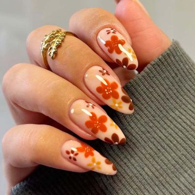 24Pcs Flower Press on Nails Medium Almond Floral Fake Nails With Glue Autumn Glue on Nails Glossy Acrylic Nails for Women Fall Flower Nail Decoration Supplies