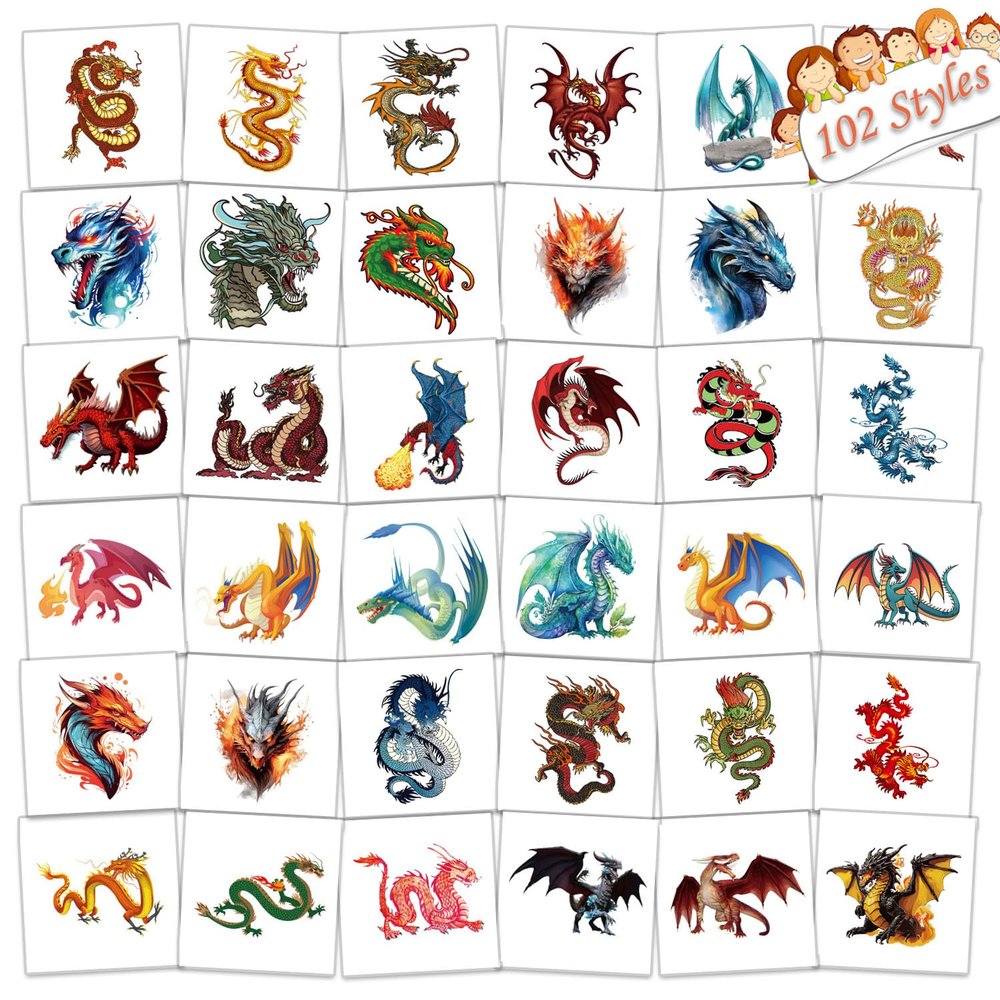 102 PCS Individually Wrapped Dragon Temporary Tattoo for kids - Dragon Temporary for Girls Boy Body Arm Shoulder Cute Tattoos Stickers, Birthday Party Supplies Gifts for Kids