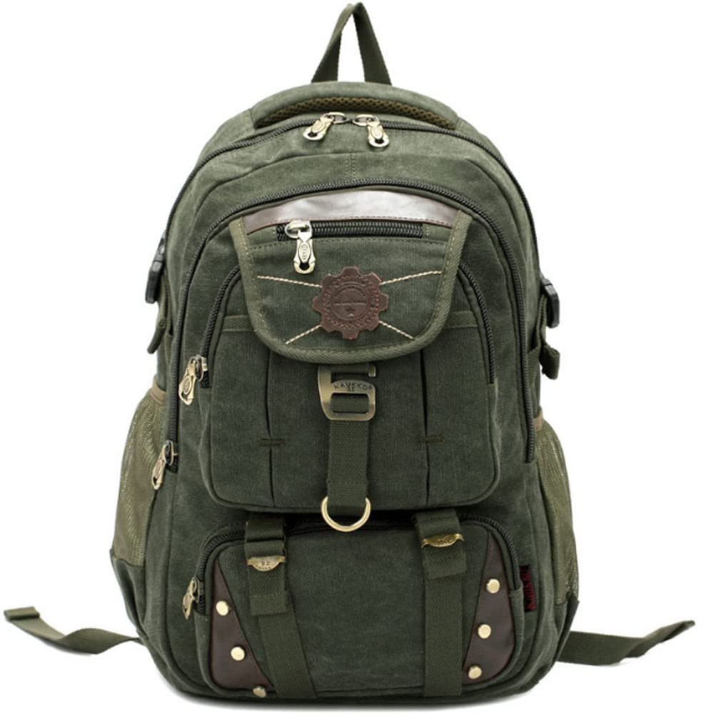 21L Vintage Canvas Backpack for Men Leather Rucksack Knapsack Canvas Men's Shoulder Bag Laptop Hiking Travel Backpack Khaki,Green
