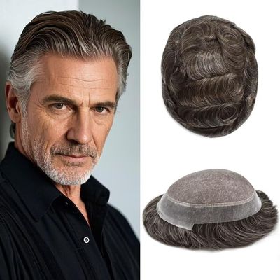 Mens Toupee Hair Piece System Replacement for Men Monofilament Male Wig Prosthesis Poly Skin PU Around Mens Hairpiece 8"X10" #320 Dark Brown+20% Grey-120% Med-light to Medium Density