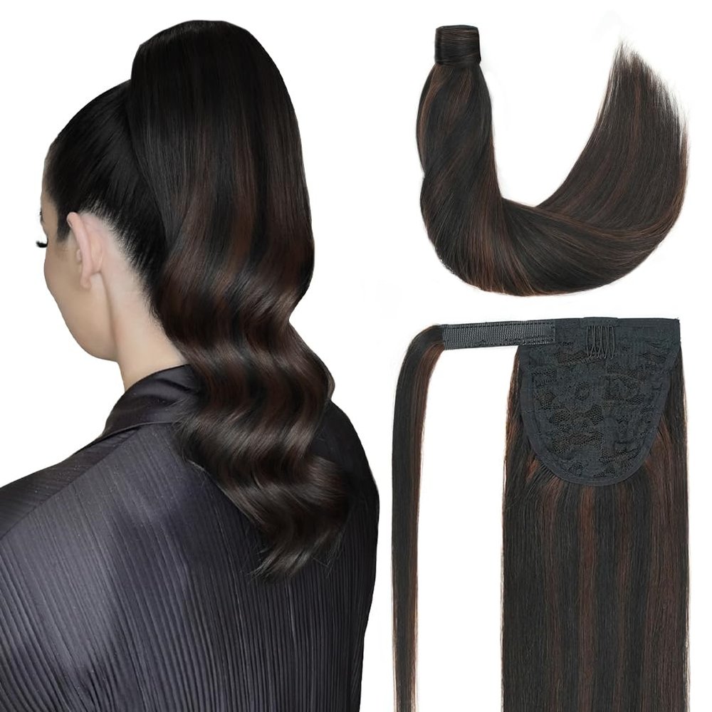 Ponytail Extension Human Hair 16 Inch Natural Black to Medium Brown Silky Straight Clip in Hair Extensions Wrap Around Ponytail Hair Piece for Girls(16 Inch Natural Black to Medium Brown #1BP4 85G)