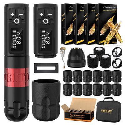 Ambition Soldier Rotary Tattoo Gun Kit Tattoo Cartridge Machine Pen with 12pcs 42mm Disposable Silicone Tattoo Grips,80pcs Glory Mixed Size Cartridge Needles