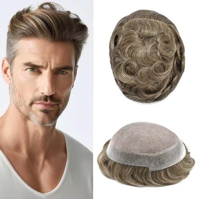 Mens Toupee Hair Piece System Replacement for Men Monofilament Male Wig Prosthesis Poly Skin PU Around Mens Hairpiece 7"X9" #640 Light Brown+40% Grey-120% Med-light to Medium Density