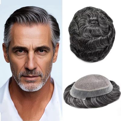 Mens Toupee Hair Piece System Replacement for Men Monofilament Male Wig Prosthesis Poly Skin PU Around Mens Hairpiece 6"X8" #1B30 Off Black+30% Grey-120% Med-light to Medium Density