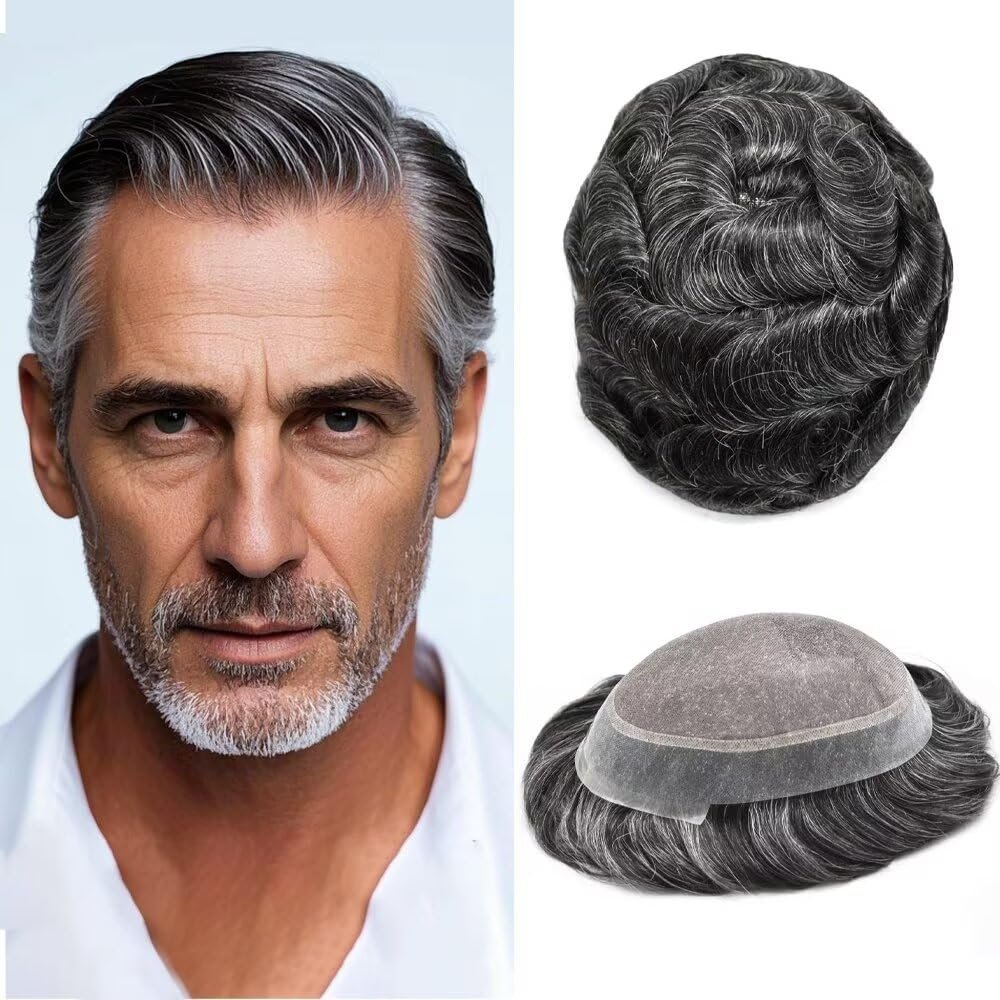 Mens Toupee Hair Piece System Replacement for Men Monofilament Male Wig Prosthesis Poly Skin PU Around Mens Hairpiece 6"X8" #1B30 Off Black+30% Grey-120% Med-light to Medium Density