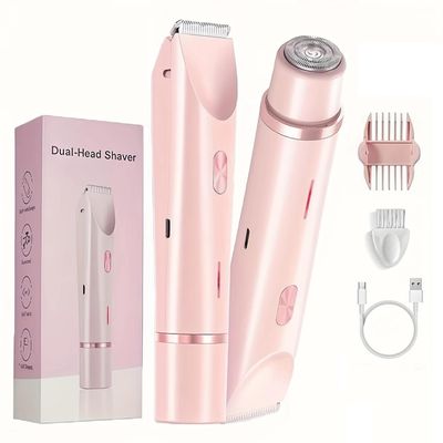 VINGVO Electric Hair Removal Epilator for Women,Dual Head Bikini Trimmer, Waterproof Facial Remover, Lady Hair Bikini Shaver for Face, Lip, Chin, Cordless Pubic Hair Removal for Face & Legs (Pink)