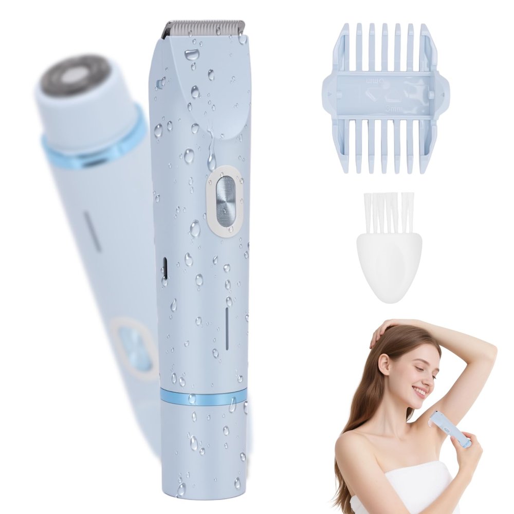 VINGVO Electric Bikini Trimmer for Women Men, Dual Head Face Shaver Body Hair Trimmmer, IPX7 Waterproof Womens Electric Razor for Legs, Body Hair Shaver, Pubic Trimmer with Cleaning Brush (Blue)