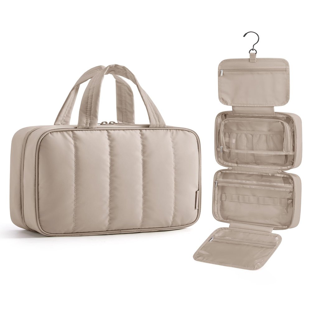 BAGSMART Travel Toiletry Bag for women, Portable Hanging Hook Makeup Bag Organizer, Waterproof Makeup Cosmetic Bag, for Full-Size Accessories, Toiletries, Camel