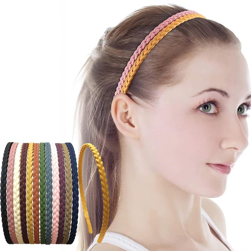 12 PCS Plain Thin Braided Plastic Headbands with Mini Teeth Skinny Pigtail Sytle Headbands Hair Bands Accessories for Women Girls