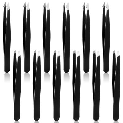 12 Pcs Eyebrow Tweezers Bulk, Stainless Steel Tweezers for Eyebrows Slanted Tip Precision Tweezer for Facial Hair Ingrown Hair Blackhead Splinter Removal and Lash Extension for Men Women (Black)