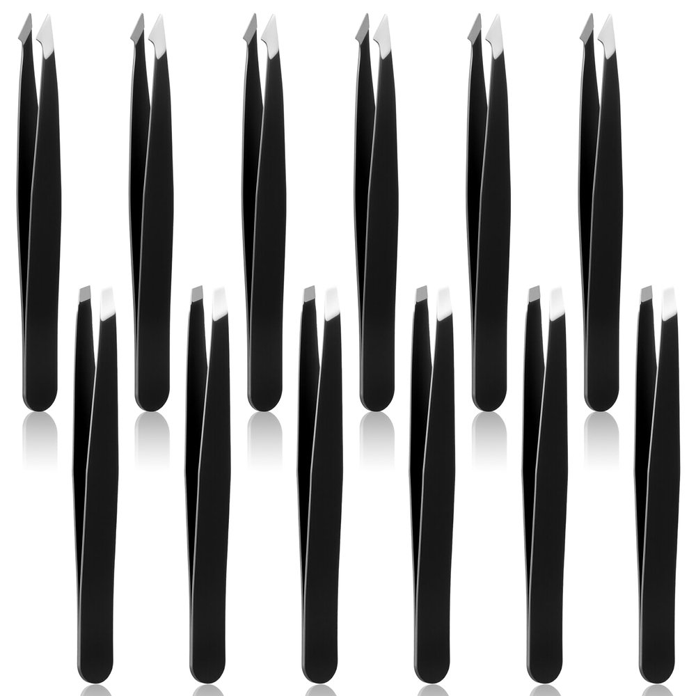 12 Pcs Eyebrow Tweezers Bulk, Stainless Steel Tweezers for Eyebrows Slanted Tip Precision Tweezer for Facial Hair Ingrown Hair Blackhead Splinter Removal and Lash Extension for Men Women (Black)