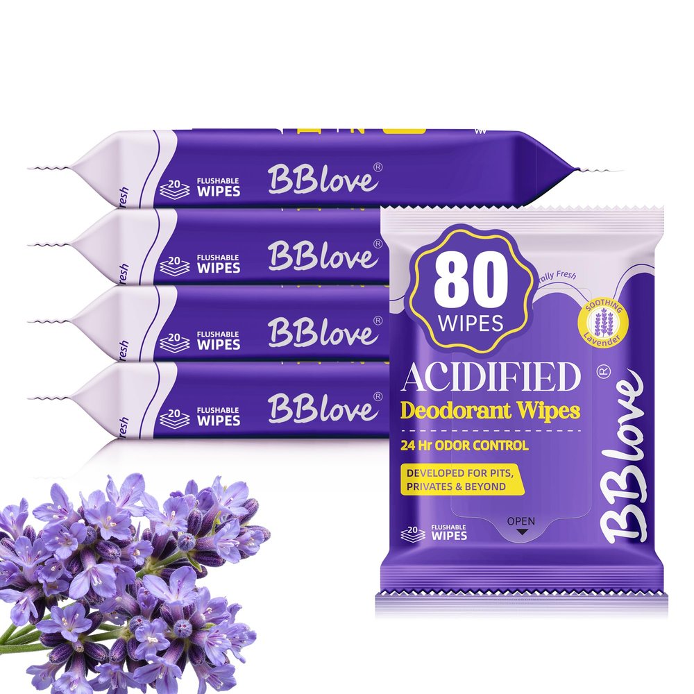 BBlove Acidified Body Wipes - 24H Odor Control, pH Balanced for Underarms & Whole Body, Aluminum-Free & Skin-Loving Formula, 80 Wipes