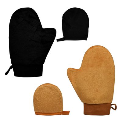 4-Pack Self Tanning Mitt Applicator Set, Double-Sided Reusable Sunless Tanning Mittens with Thumb and Cuffs for Body, Mini Face Tanner Mitt, Soft & Washable (2 Face+2 Body Mitts-Brown+Black)