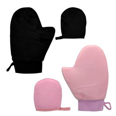 4-Pack Self Tanning Mitt Applicator Set, Double-Sided Reusable Sunless Tanning Mittens with Thumb and Cuffs for Body, Mini Face Tanner Mitt, Soft & Washable (2 Face+2 Body Mitts-Black+Pink)