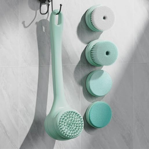ME JO Electric Body Brush Back Scrubber for Shower | Waterproof Long Handle Silicone with 5 Replacement Heads, Dual-Speed Rechargeable Design for Cleansing, Exfoliating & Massaging (Green)