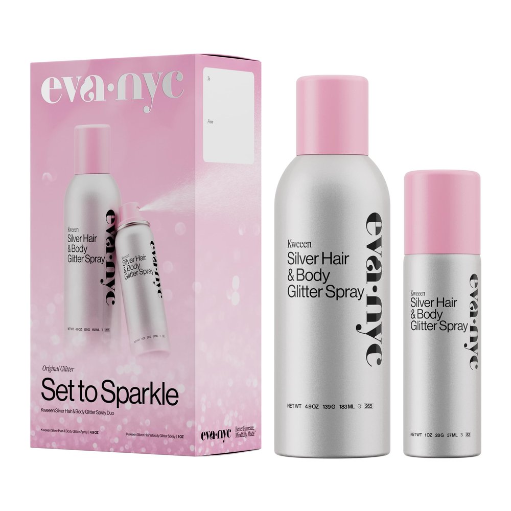 Eva NYC Kweeen Silver Hair and Body Glitter Spray Set - Original Ultra Shimmery Glitter, New Look - Adds Shine + Non-Sticky - Quick Drying Spray - Warm Vanilla Scent - Full Size + Travel Size Gift Set
