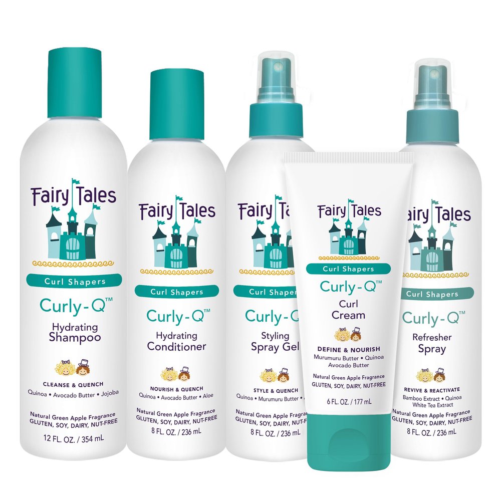 Fairy Tales Curly Q Kids Curly Hair Products Set Curl Shampoo, Curl Conditioner, Curl Cream, Curl Refresher & Kids Styling Spray Gel Phthalate, Paraben, Gluten Free, 5 Count