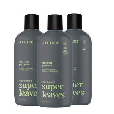 ATTITUDE Shower Gel Body Wash for Men, 98% Natural Origin Ingredients, Paraben & Phthalate Free, EWG Verified, Cleanses Without Drying, Matcha & Bergamot, 14 Fl Oz (Pack of 3)