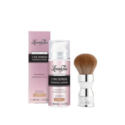 Loving Tan NEW 2 HR Express Self Tanning Body Lotion, Medium - Hydrating Natural-Looking Glow Sunless Self Tanner + Flawless Blending Brush - Streak-Free Application, Ultra-Soft Vegan Bristles