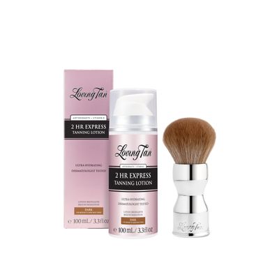 Loving Tan NEW 2 HR Express Self Tanning Body Lotion, Dark - Hydrating Natural-Looking Glow Sunless Self Tanner + Flawless Blending Brush - Streak-Free Application, Ultra-Soft Vegan Bristles