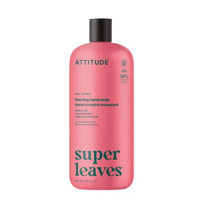 ATTITUDE Foaming Hand Soap Refill, EWG Verified, Natural & Plant-Based Hand Wash, Gentle & Moisturizing, Vegan, Pink Grapefruit Scent, 30 Fl Oz