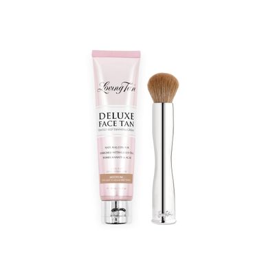 Loving Tan Deluxe Face Self Tanner, Medium- Streak Free, Natural, Professional Quality Sunless Tanning + Flawless Face Tan Brush - Self Tanning & Contouring, Premium Bristles, Use with Mousse or Cream