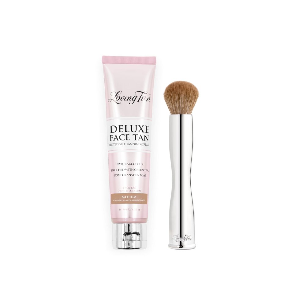 Loving Tan Deluxe Face Self Tanner, Medium- Streak Free, Natural, Professional Quality Sunless Tanning + Flawless Face Tan Brush - Self Tanning & Contouring, Premium Bristles, Use with Mousse or Cream