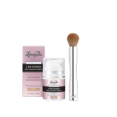 Loving Tan NEW 2HR Express Face Tanning Serum, Medium - Streak Free, Natural, Professional Quality Sunless Tanning + Flawless Face Tan Brush - Self Tanning & Contouring, Use with Mousse or Cream