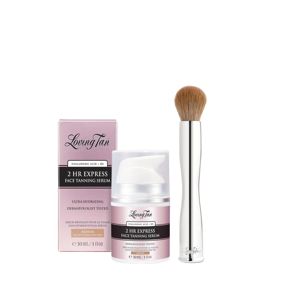 Loving Tan NEW 2HR Express Face Tanning Serum, Medium - Streak Free, Natural, Professional Quality Sunless Tanning + Flawless Face Tan Brush - Self Tanning & Contouring, Use with Mousse or Cream