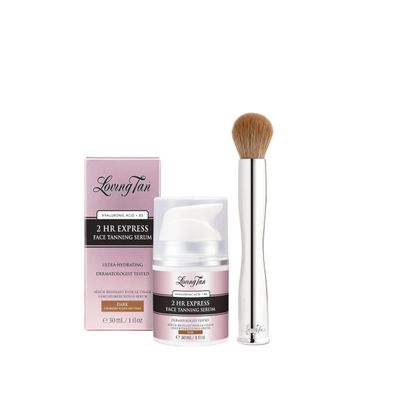Loving Tan NEW 2HR Express Face Tanning Serum, Dark - Streak Free, Natural, Professional Quality Sunless Tanning + Flawless Face Tan Brush - Self Tanning & Contouring, Use with Mousse or Cream