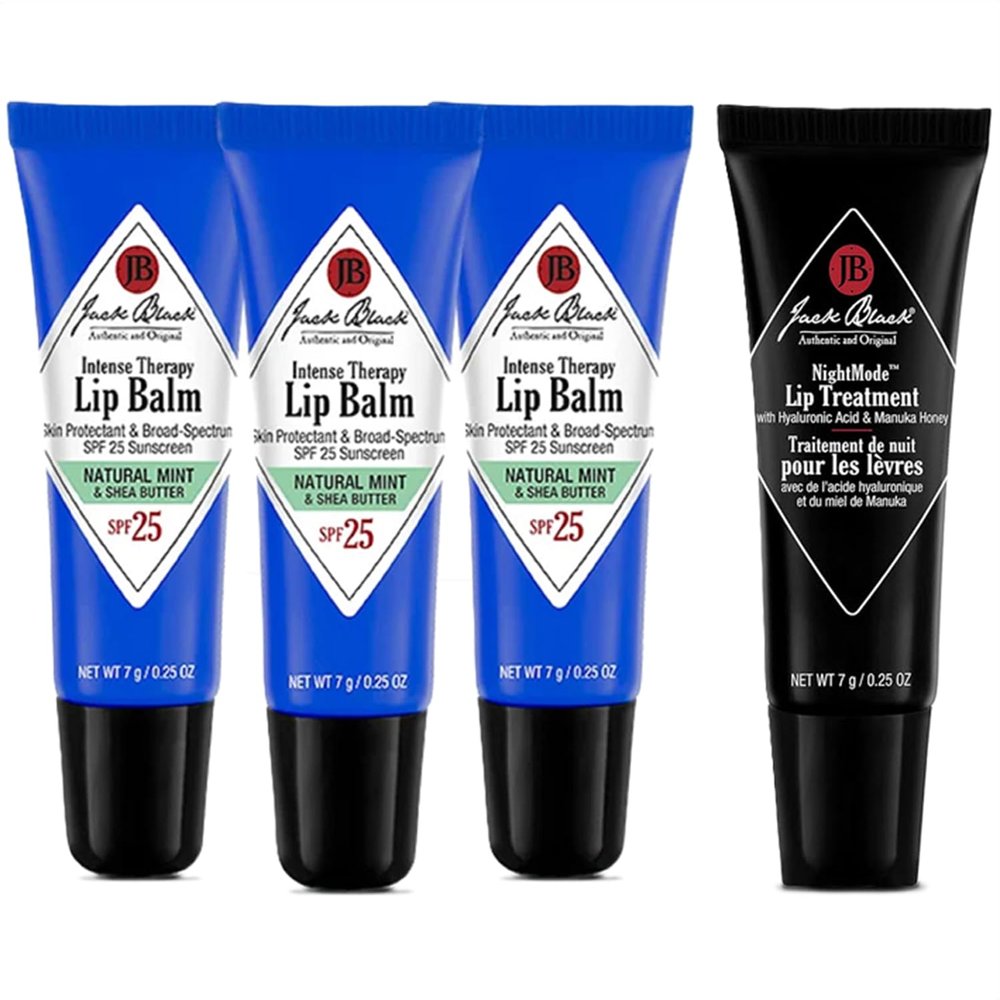 Jack Black Intense Therapy Lip Balm, 0.25-Oz., Pack of 3  Natural Mint & Shea Butter, SPF 25 Sun Protection, Lip Moisturizer + Jack Black Night Mode Lip Treatment - Overnight Hydrating Lip Mask